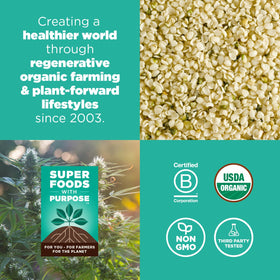Pouch of Navitas hemp powder with USDA Organic and Non-GMO certification visible.