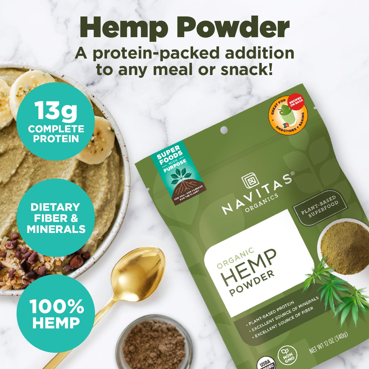 Pouring Navitas hemp powder into a cup for easy vegan shakes.