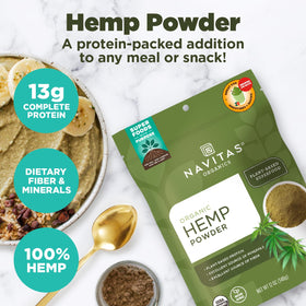 Pouring Navitas hemp powder into a cup for easy vegan shakes.