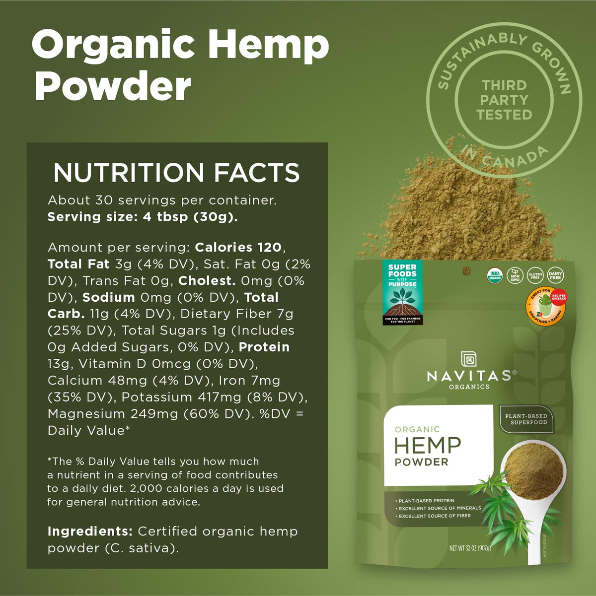 Navitas Organics Hemp Powder in a smoothie bowl demonstrates a protein and fiber boost.
