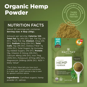 Hemp powder blended into a smoothie with a light grassy note from Navitas Organics.