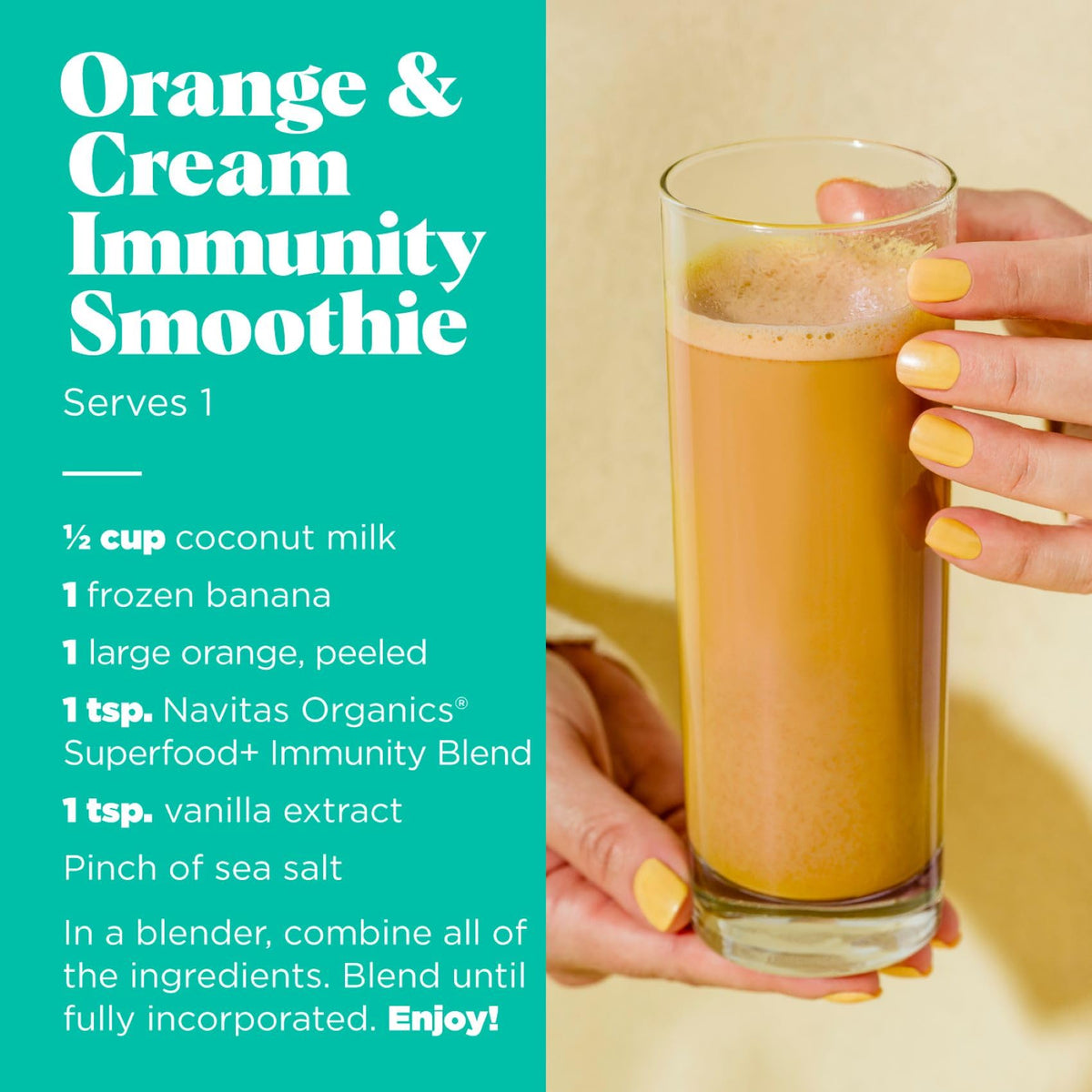 Navitas Organics Immunity Blend bottle and label emphasizing clean, plant-based ingredients.