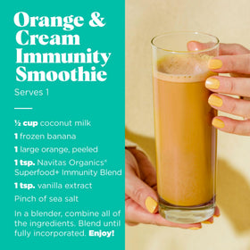 Navitas Organics Immunity Blend bottle and label emphasizing clean, plant-based ingredients.