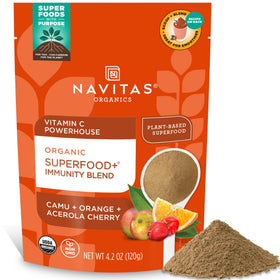 Navitas Organics Immunity Blend powder packaging with organic seal and vitamin C promise.