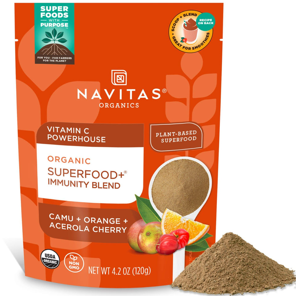 Navitas Organics Immunity Blend powder packaging with organic seal and vitamin C promise.