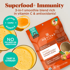 Immunity Blend being poured into a smoothie for a quick, convenient health boost.