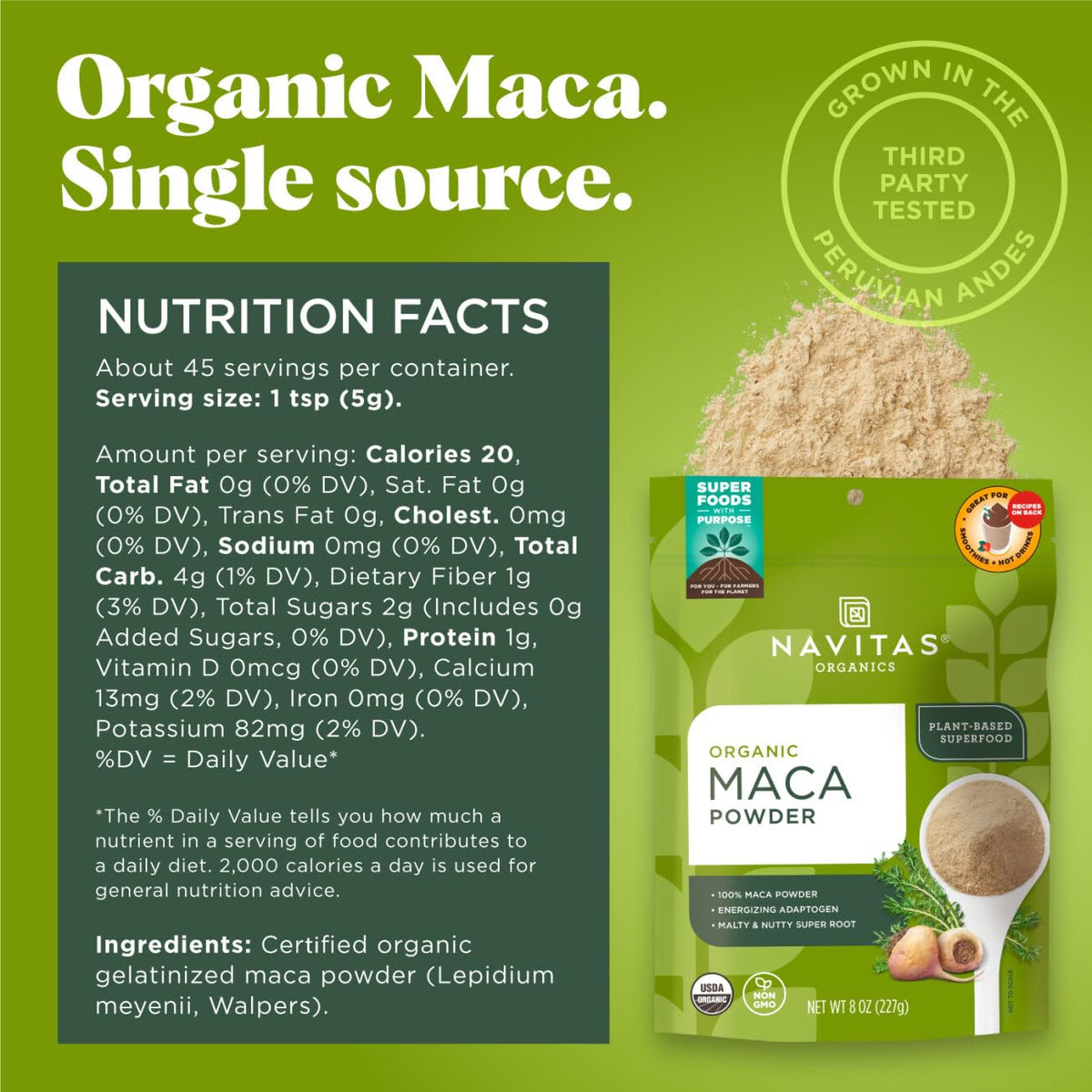 Navitas Organics Maca Powder bag front showing 100% gelatinized maca from Peru.