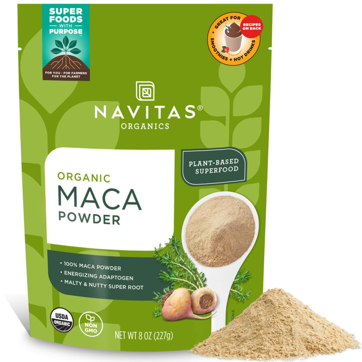 Navitas Organics Maca Powder jar closeup highlighting gelatinized maca for smooth mixing.