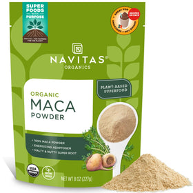 Navitas Organics Maca Powder jar closeup highlighting gelatinized maca for smooth mixing.