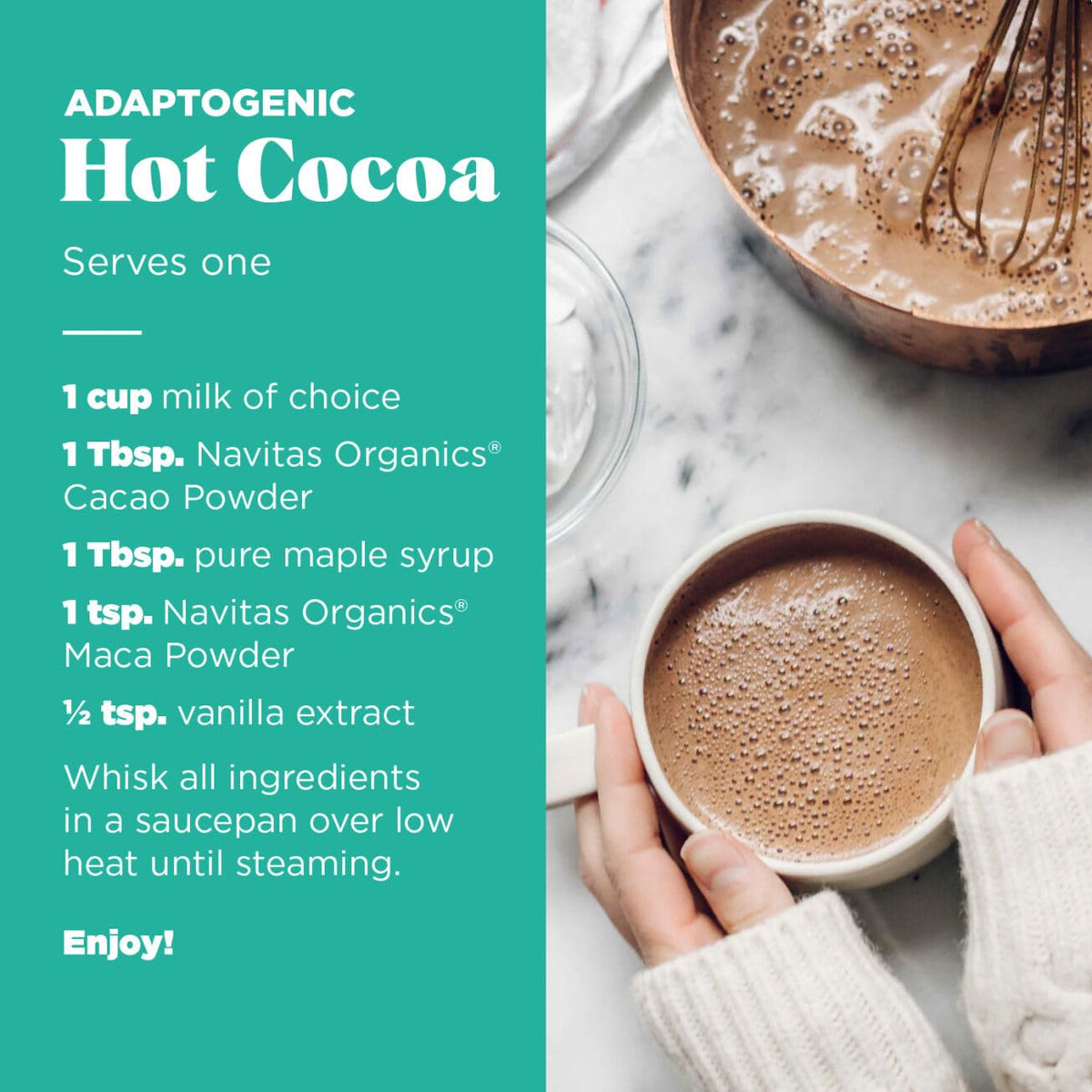 Navitas Organics Maca Powder with cacao in a beverage for flavor pairing.