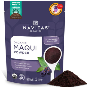 Navitas Organics Maqui Powder bottle shows deep purple powder, ideal for smoothies.