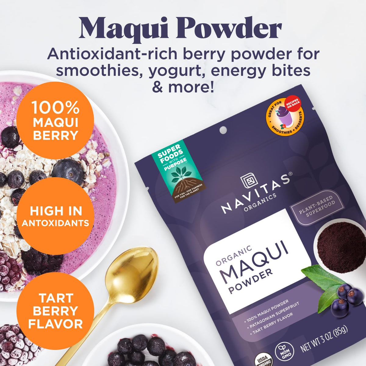 Fine texture of Navitas Organics Maqui Powder after freeze-drying.