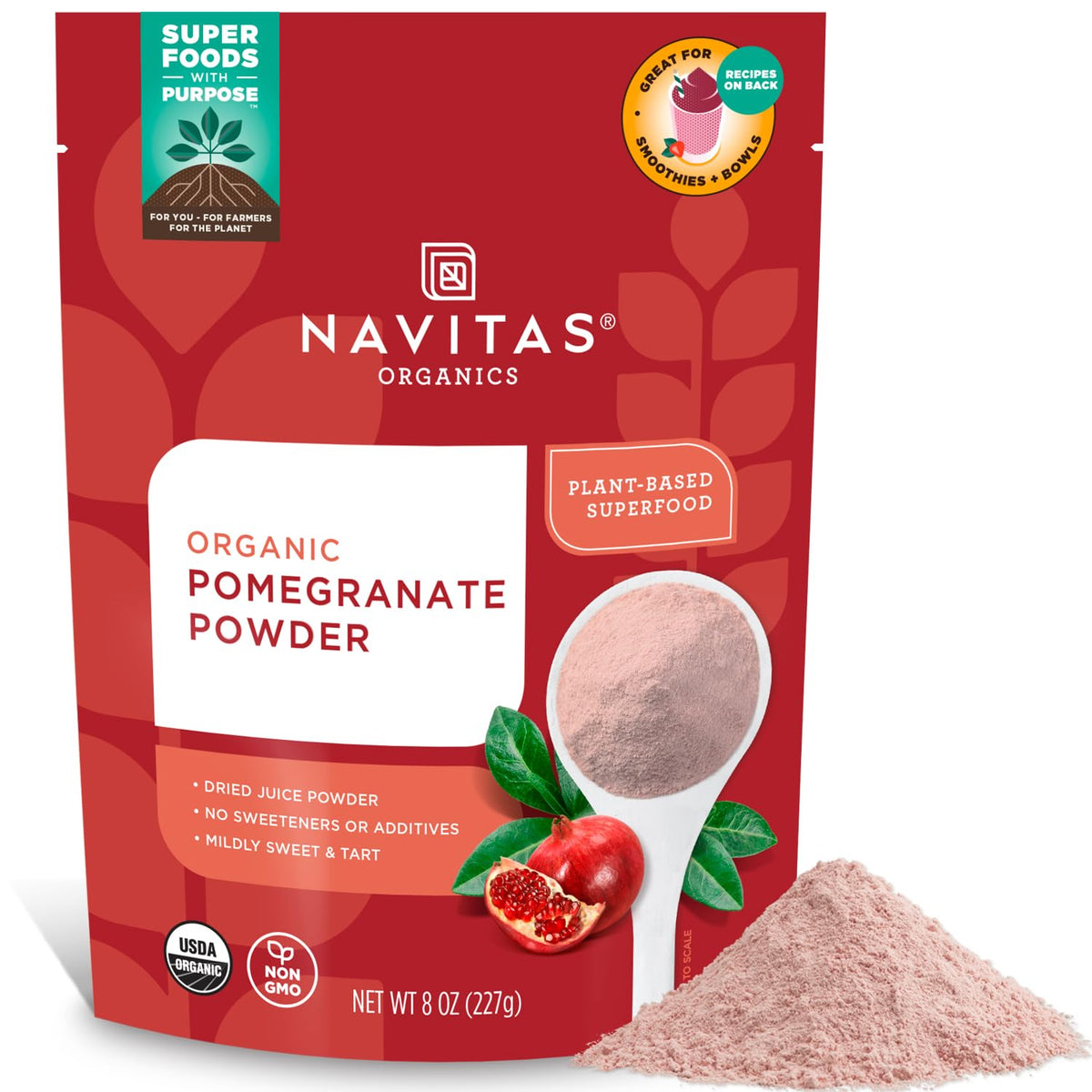 Navitas Organics Pomegranate Powder bag ready for pantry use, ideal for smoothies and baking