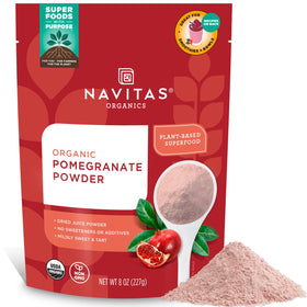 Navitas Organics Pomegranate Powder bag ready for pantry use, ideal for smoothies and baking