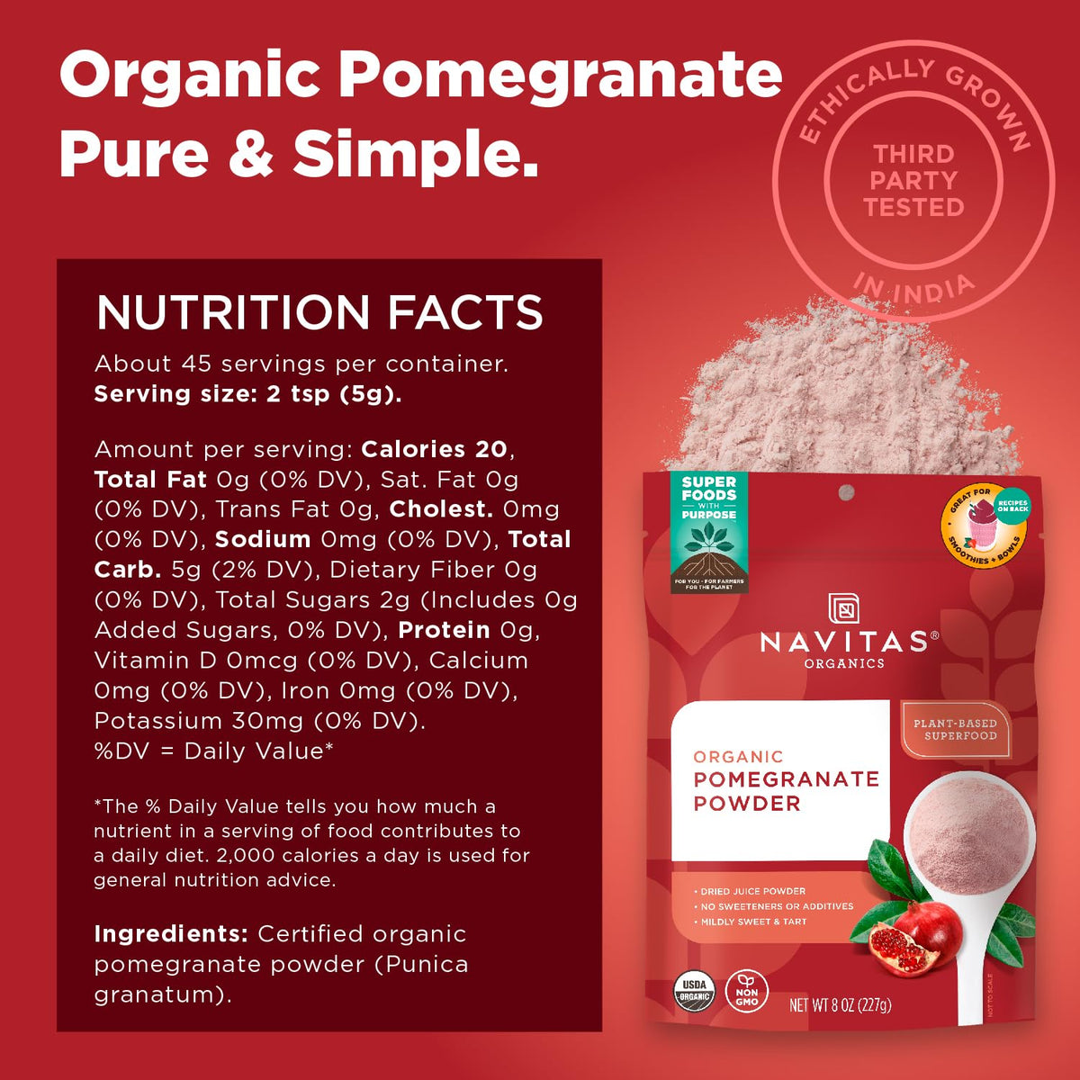Navitas Organics Pomegranate Powder in a bright smoothie, showcasing color and flavor