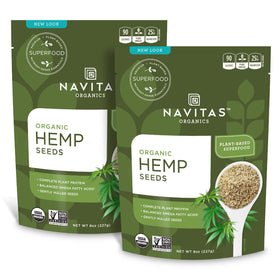 Navitas Organics hemp seeds bag ready for sprinkling on bowls for protein boost.