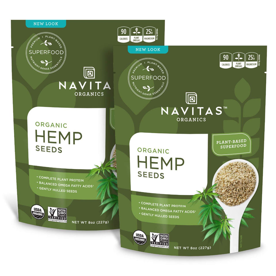 Navitas Organics hemp seeds bag ready for sprinkling on bowls for protein boost.