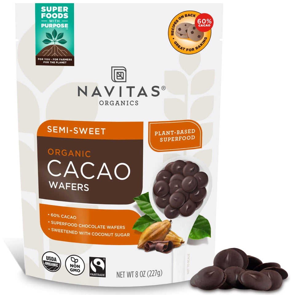 Navitas Organics semi-sweet cacao wafers in bag, ideal for baking and snacking.
