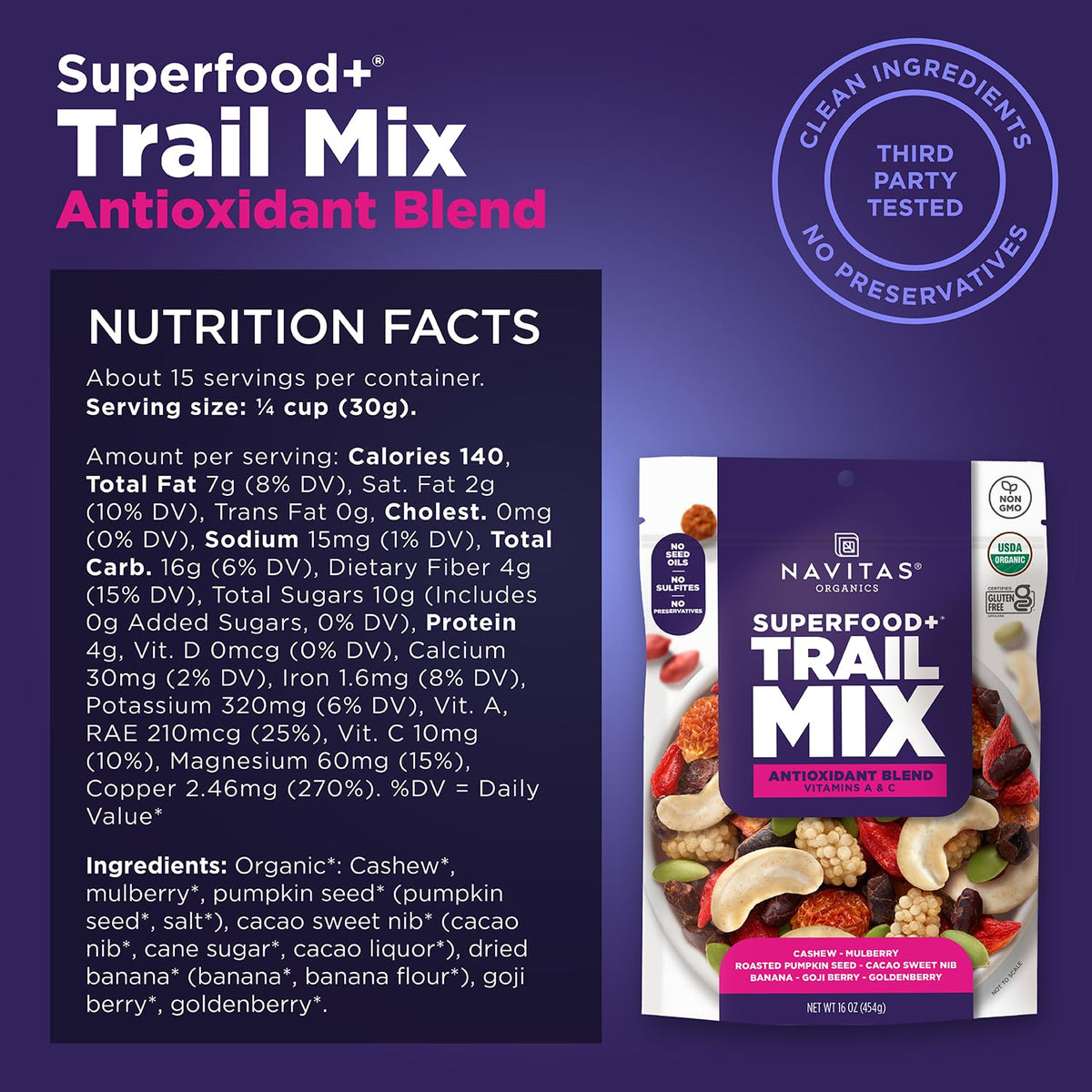 Navitas Antioxidant Trail Mix with cacao nibs offers rich flavor and crunch