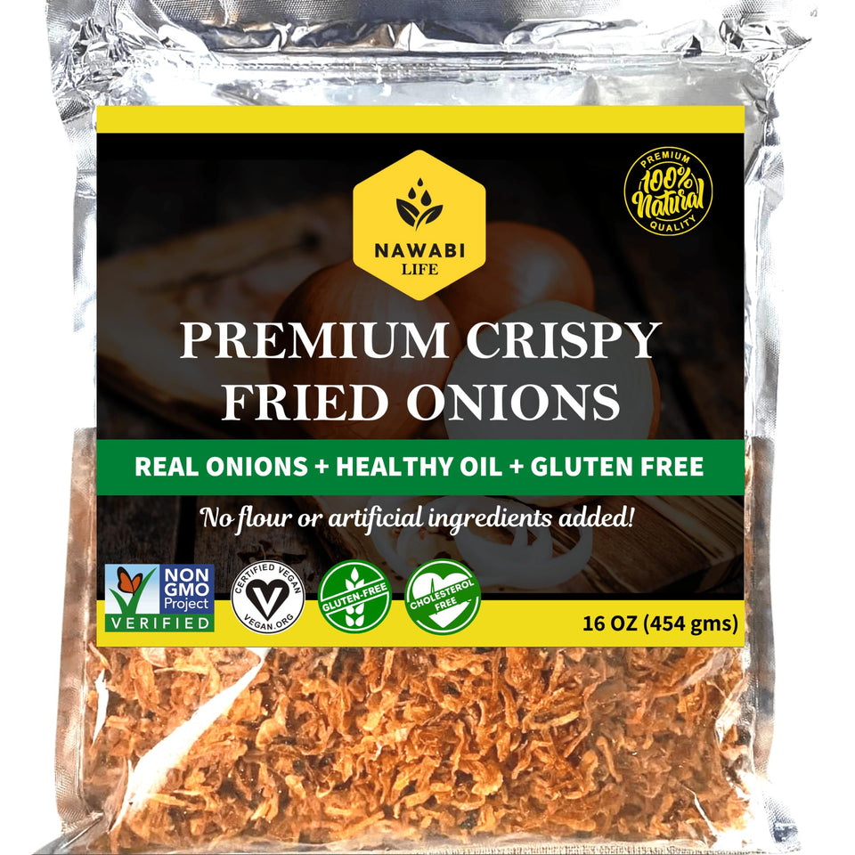 NAWABI LIFE Crispy Fried Onions in a resealable bag for easy snacking and freshness