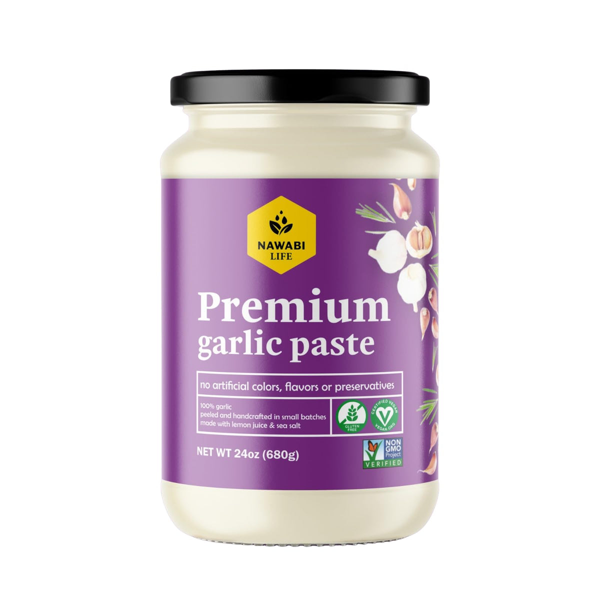 Nawabi Life Garlic Paste bottle close-up showing rich aroma and convenient squeeze.
