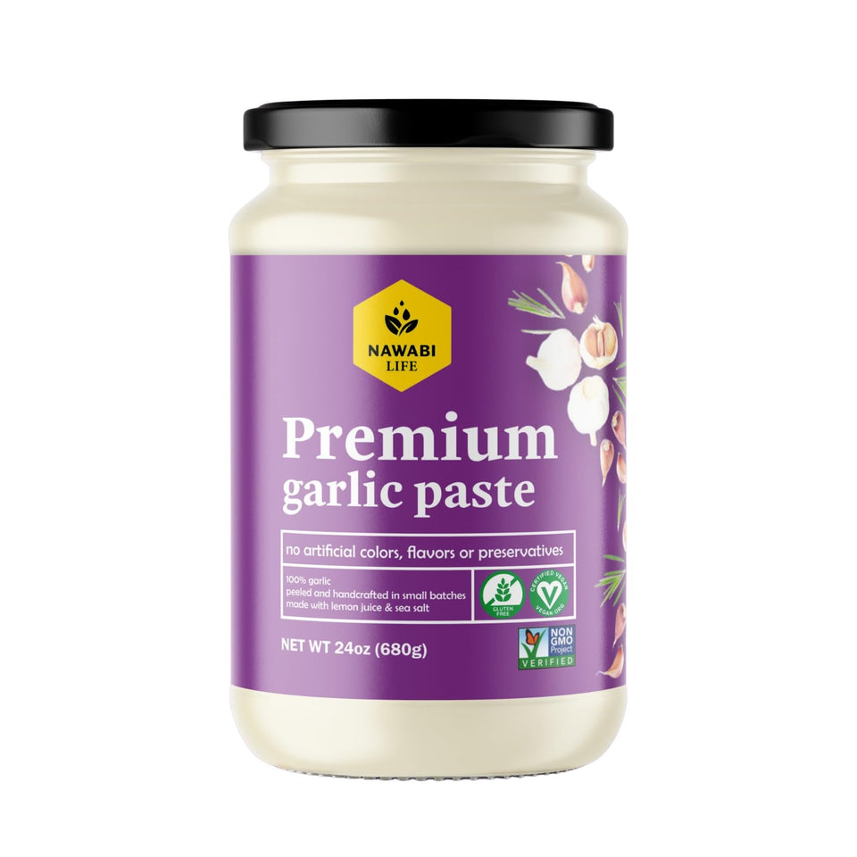 Nawabi Life Garlic Paste bottle close-up showing rich aroma and convenient squeeze.