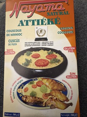 Nayama Attieke 4-pack box of gluten-free cassava couscous for quick meals.