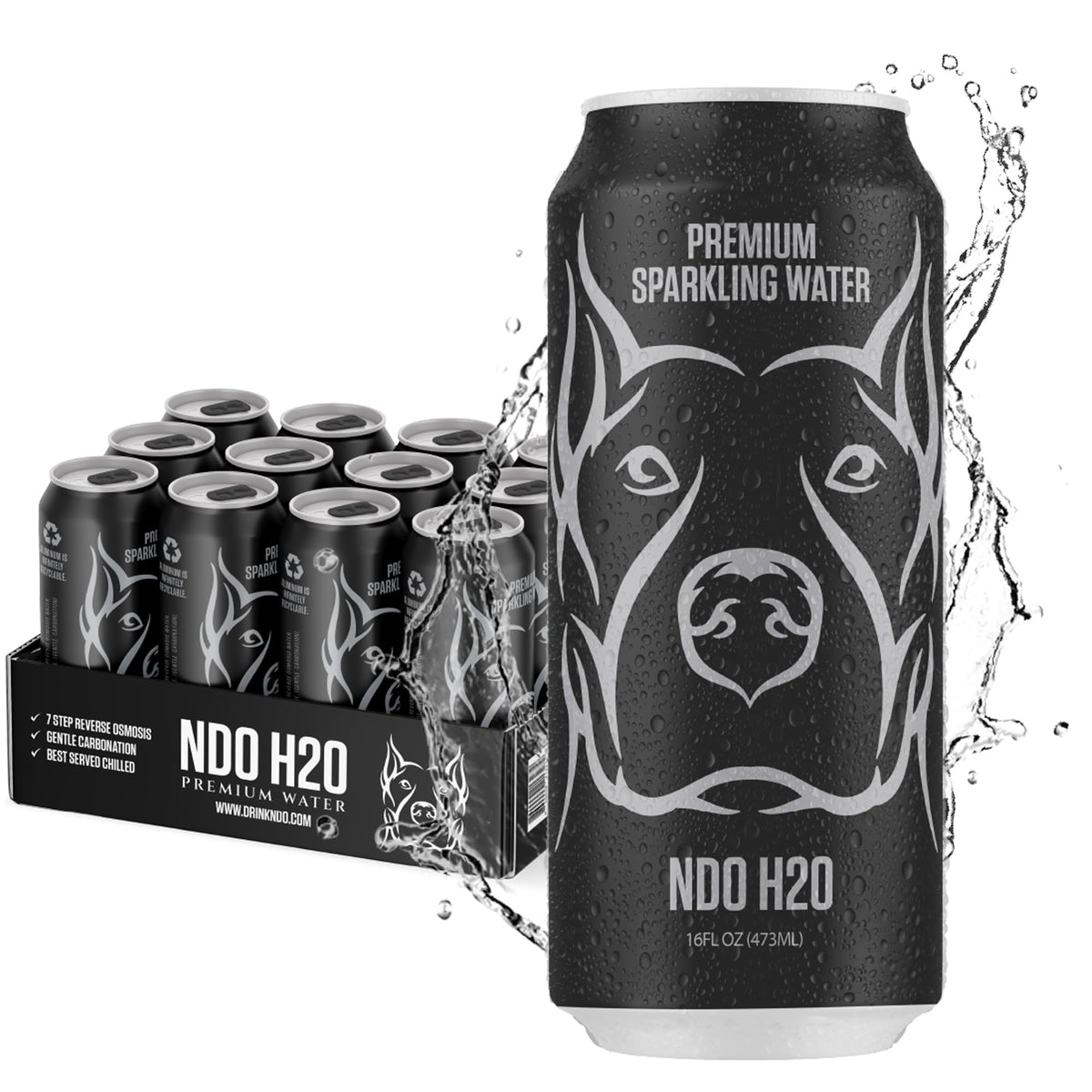 NDO H2O NO DAYS OFF sparkling water can pouring into glass for refreshing hydration.