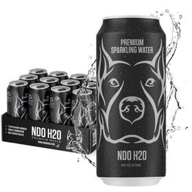 NDO H2O NO DAYS OFF sparkling water can pouring into glass for refreshing hydration.
