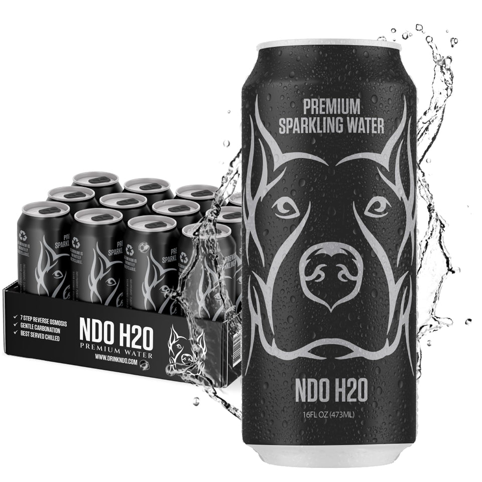 NDO H2O NO DAYS OFF sparkling water can pouring into glass for refreshing hydration.