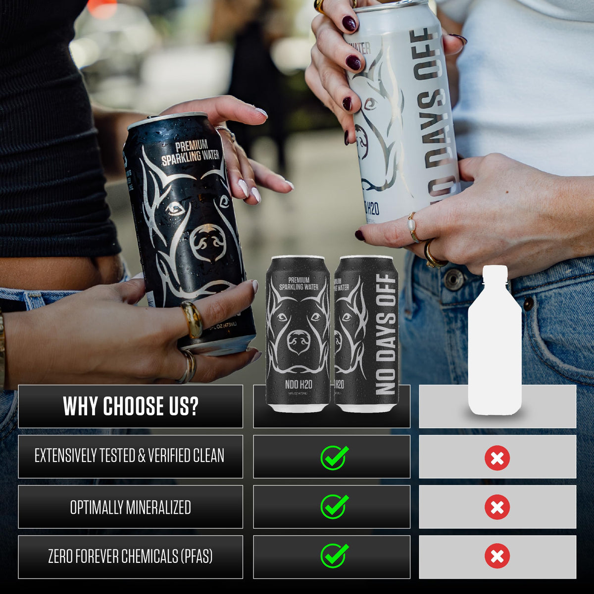 NDO H2O NO DAYS OFF ultra-purified water poured into a glass.