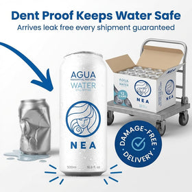 NEA natural mineral water in a can with mountain-filtered flavor.