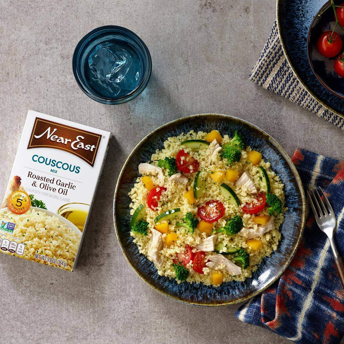 Near East couscous with garlic, onion, olive oil; cooks in minutes.