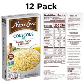 Near East semolina wheat couscous ingredients label, wholesome ready-to-use side option.