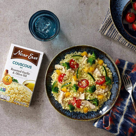 Near East Roasted Garlic & Olive Oil Pearled Couscous ingredients; Non-GMO and Kosher certified