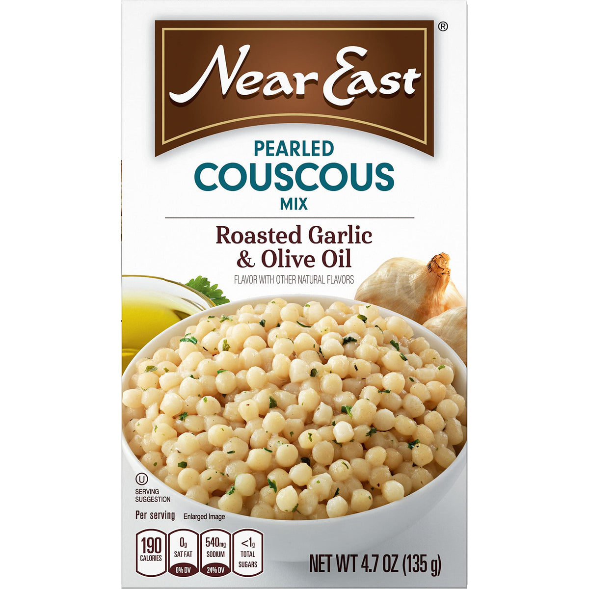Near East Roasted Garlic & Olive Oil Pearled Couscous package front; flavorful base for meals