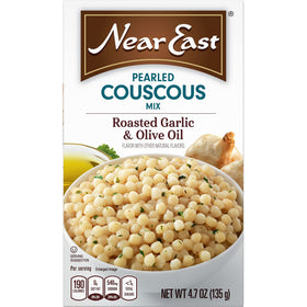 Near East Roasted Garlic & Olive Oil Pearled Couscous package front; flavorful base for meals