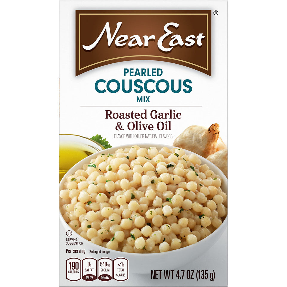 Near East Roasted Garlic & Olive Oil Pearled Couscous package front; flavorful base for meals