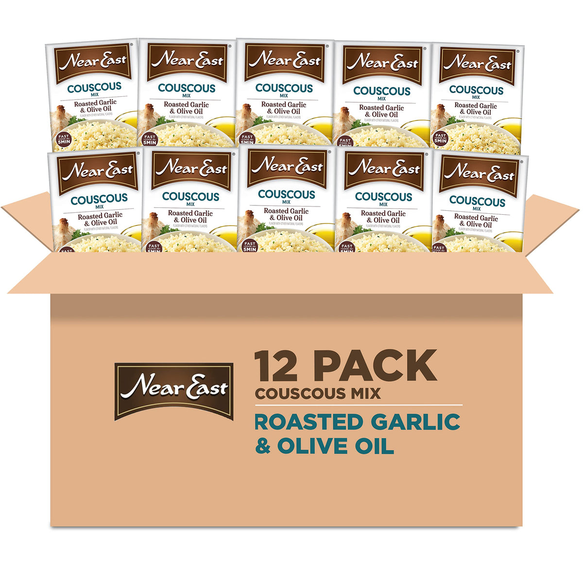 Near East roasted garlic olive oil couscous front pack, convenient base for quick weeknight meals.