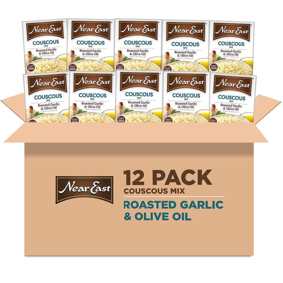 Near East roasted garlic olive oil couscous front pack, convenient base for quick weeknight meals.
