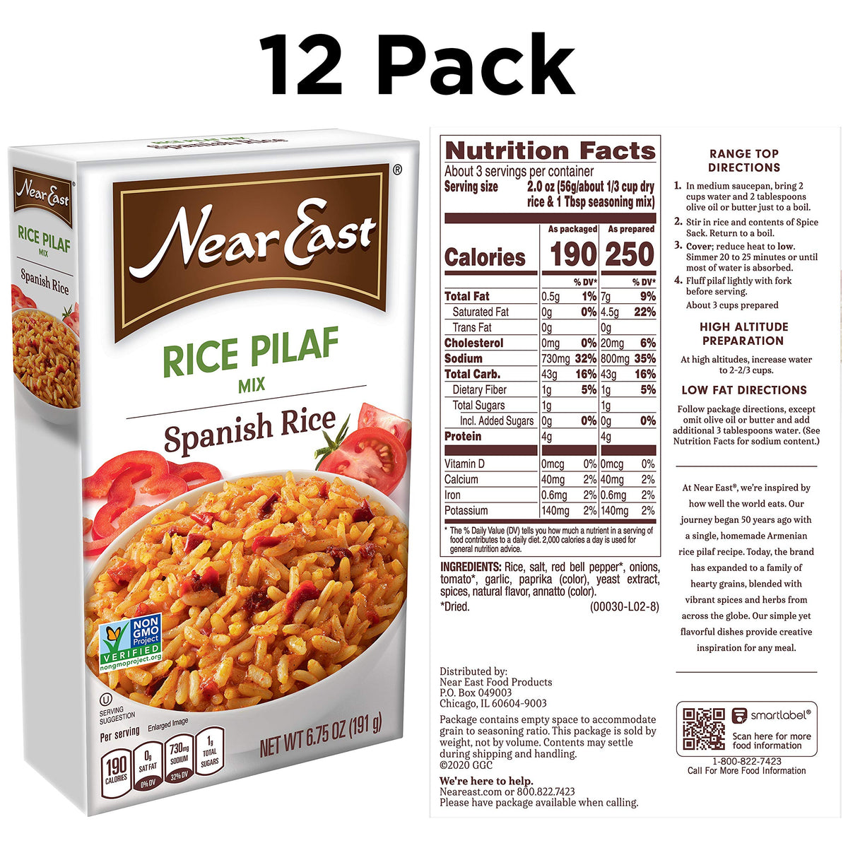 Near East Spanish Rice Pilaf ingredients laid out, emphasizing kosher, natural flavor.