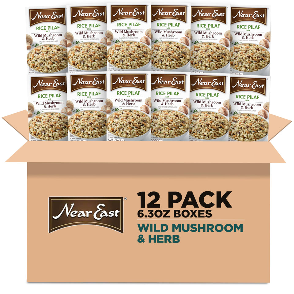 Near East Wild Mushrooms & Herbs Rice Pilaf Mix in a steaming bowl, quick dinner option.