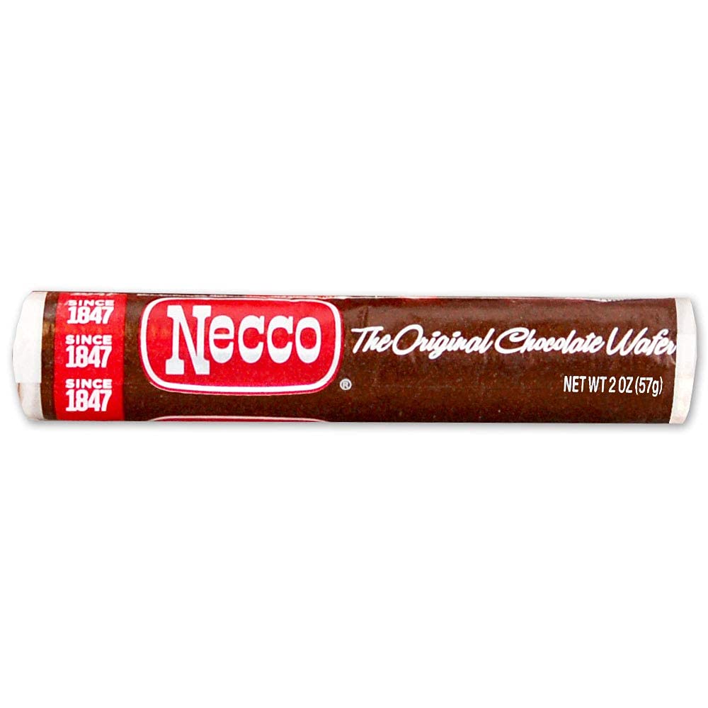 Necco Wafers chocolate rolls on shelf, portable snack perfect for travel or nostalgic moments