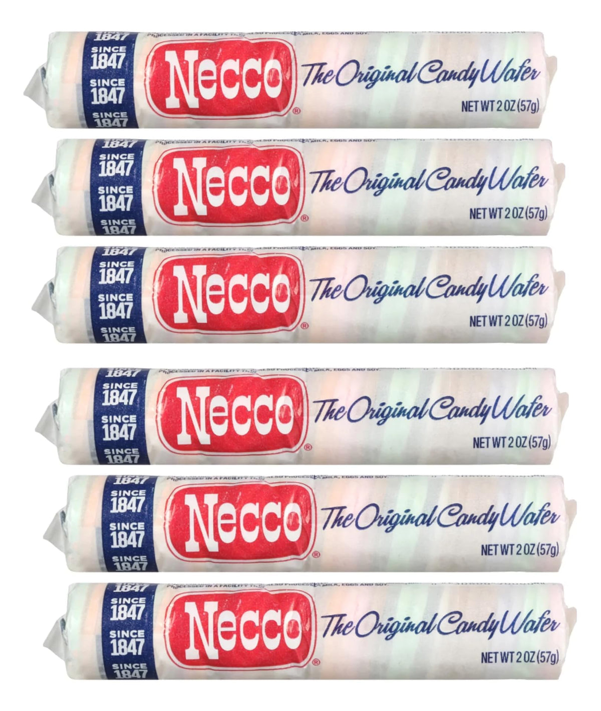 Necco Wafers six-roll pack showing classic flavors for sharing.