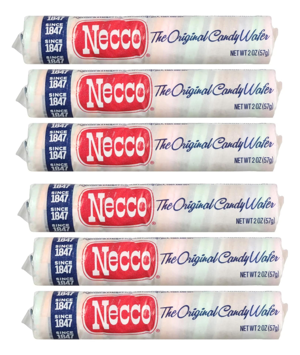 Necco Wafers six-roll pack showing classic flavors for sharing.