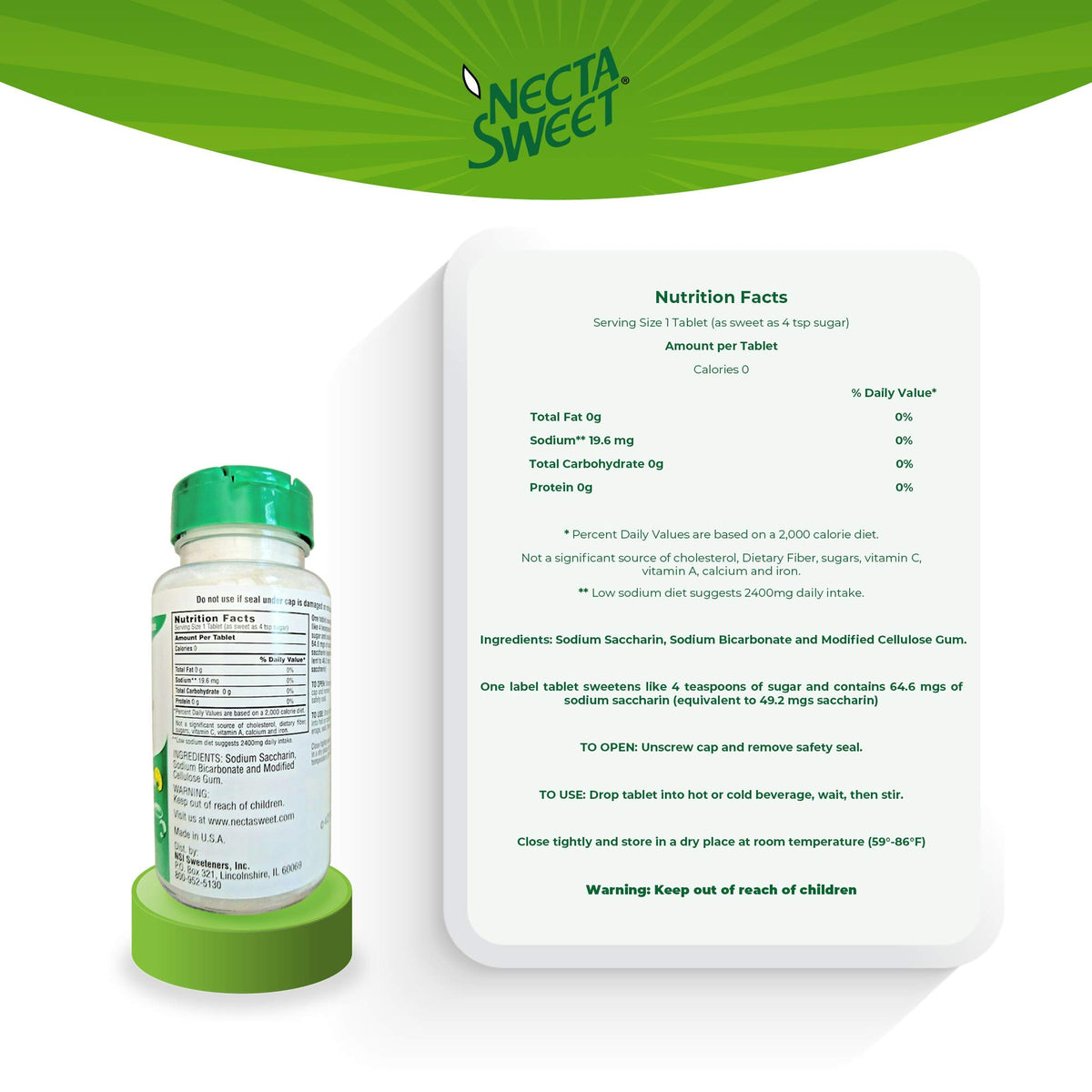 Front view of Necta Sweet 1000-tablet bottle ready for kitchen use.