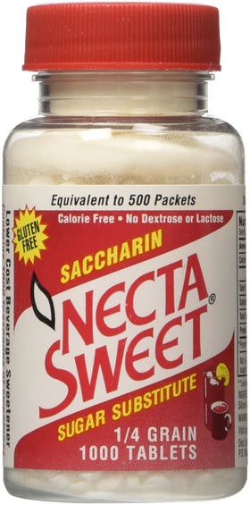 Necta Sweet saccharin tablets bottle demonstrates a calorie-free sweetener for beverages.