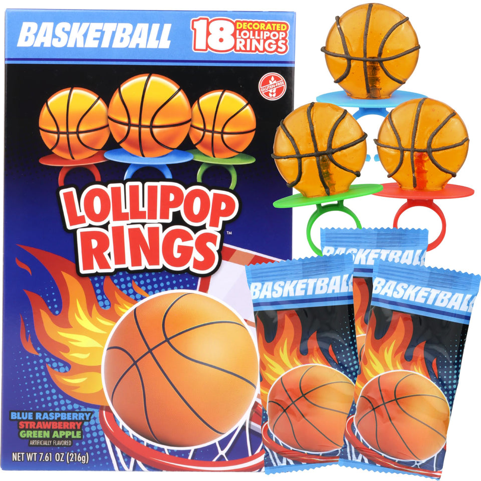 Needzo basketball lollipop rings pack—vibrant sports candy for party favors.