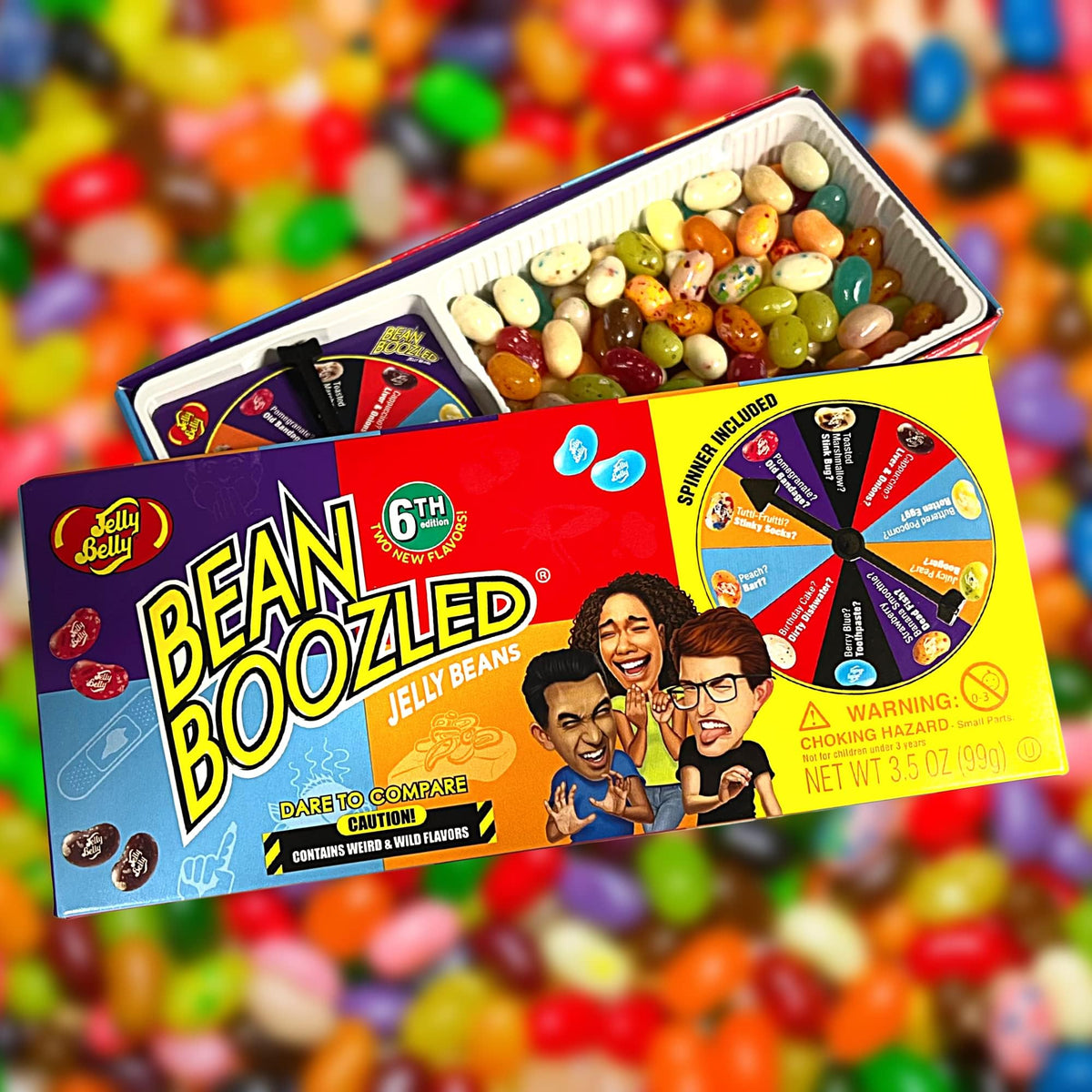 Needzo BeanBoozled close-up beans reveal bright colors and cheeky flavor pairing.