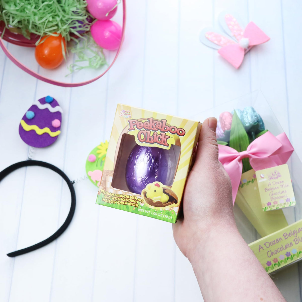 Needzo Belgian milk chocolate egg with marshmallow chick inside, perfect for baskets.